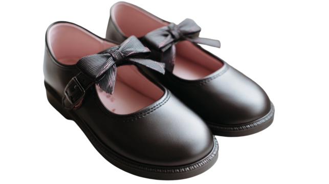 Girls School Shoes with Rounded Toes and Bow Accent on Transparent Background