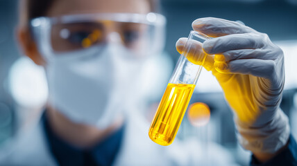 Gloved researcher inspects vibrant yellow solution inside a test tube. Signifies analytical chemistry driving breakthrough formulations for pharmaceuticals and clean energy.