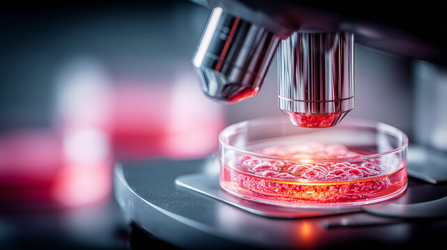 High resolution microscope examines living red cell culture in a glass dish. Captures biomedical discovery process underpinning precision oncology and tissue diagnostics.