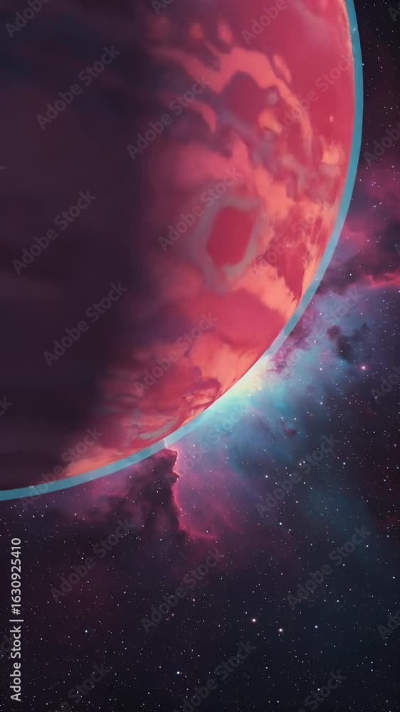 Poster pixel art planet with red nebula background in outer space