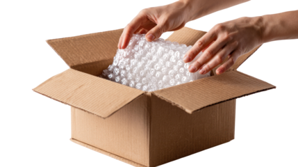 Hands opening a cardboard box with bubble wrap and a new product inside transparent background