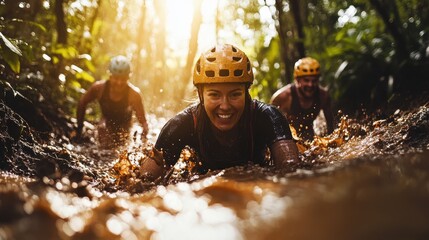 Smiling woman crawls through mud with friends during a tough mudder race. Use for advertising extreme sports or obstacle course events.