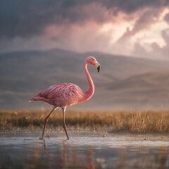 pink flamingo walking in shallow lake water Generative ai