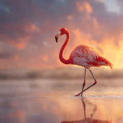 pink flamingo walking in shallow lake water Generative ai