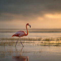 pink flamingo walking in shallow lake water Generative ai