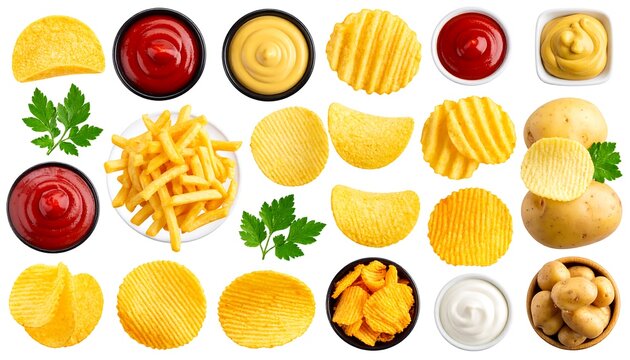 Assorted potato chips and french fries with dips - Powered by Adobe