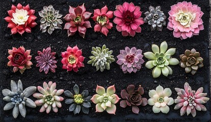 30 succulents in various colors and shapes, arranged neatly on black soil. The top view of the photograph shows pink, red, green, and purple flowers with dark gray leaves.