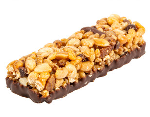 Delicious granola bar with chocolate base and mixed nuts isolated on white background, ideal for breakfast or energy snack promotions. Generative AI