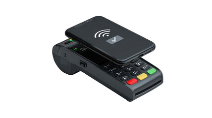 Mobile phone emitting a payment confirmation icon above transparent background