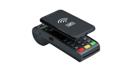 Mobile phone emitting a payment confirmation icon above transparent background