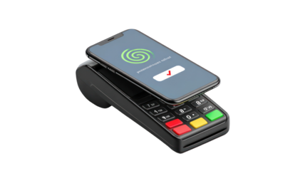 Mobile phone emitting a payment confirmation icon above transparent background