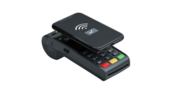 Mobile phone emitting a payment confirmation icon above transparent background