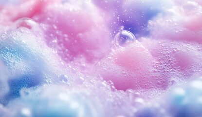 Fototapeta premium A background of swirling pink, blue, and purple hues with bubbles on the surface. The texture is soft and fluffy, resembling cotton candy or marshmallow, giving it an ethereal feel.