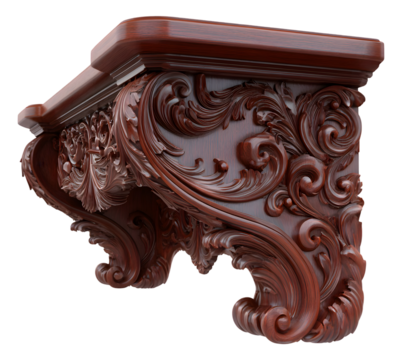Ornate wooden shelf bracket with detailed carvings.