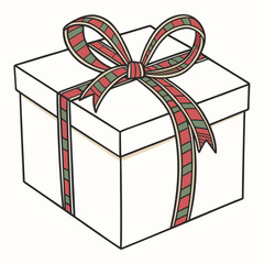 A classic rectangular Christmas box with a festive plaid ribbon and bow on a solid colored background
