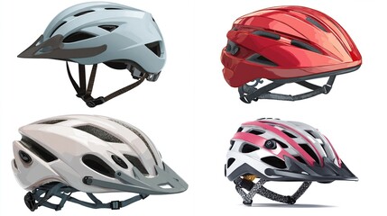 Four colorful bicycle helmets showcasing different designs, visors, and adjustable straps
