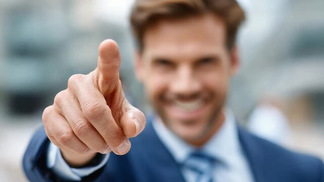 Man in Focus: A confident businessman, his eyes reflecting success, gestures with a decisive point towards the future, conveying a message of direction.