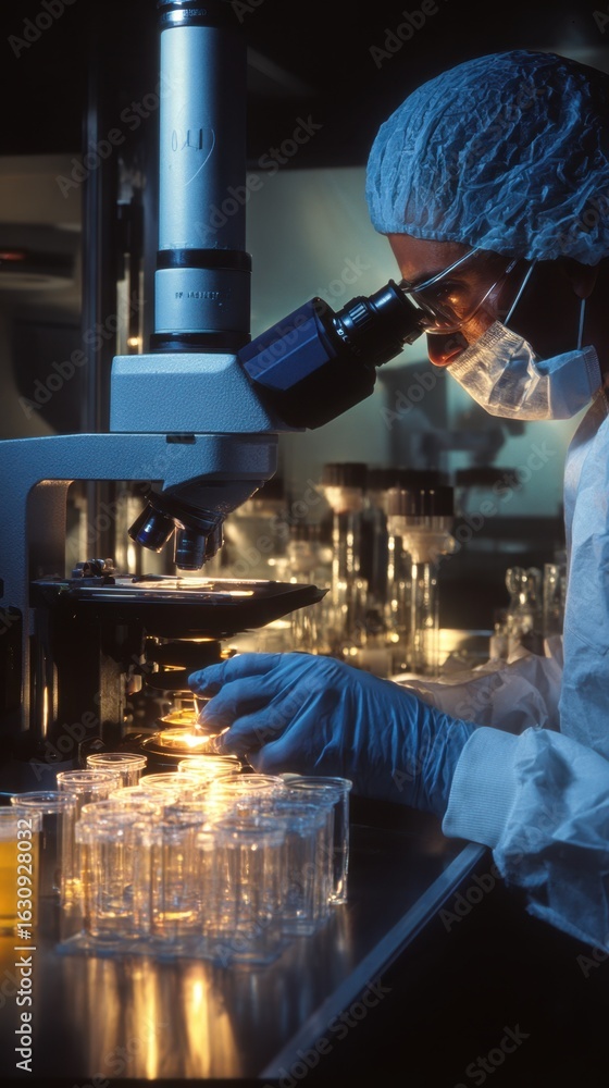 Poster technologist analyzing fat content of milk samples under a microscope inside a sterile dairy quality