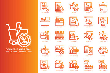 Commerce and retail gradient icons set. contain bill payment, budget, cashier, checkout, ecommerce, flash sale, refund and more. Vector for modern concept, print, UI, UX kit, web and app development. 