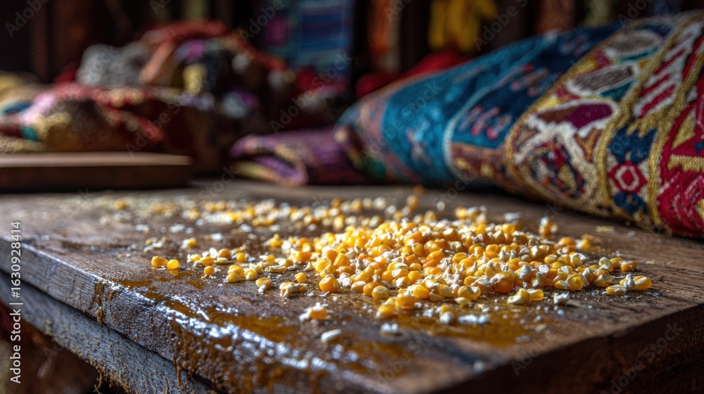 Aufkleber medium shot highlighting a wooden table scattered with soaked corn kernels drenched in lime solution