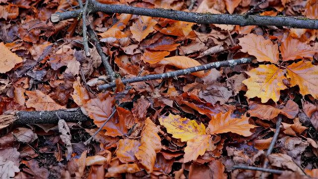 Small Squirrel Foraging Among Fallen Brown And Yellow Leaves On Forest Floor With Scattered Branches During Autumn Season