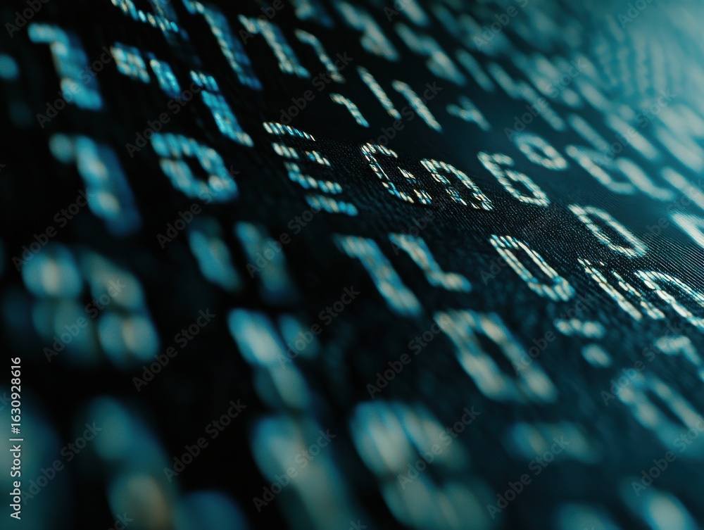 Poster close up view of glowing blue alphanumeric characters on a screen in a blurred perspective