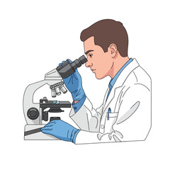 A scientist in a white lab coat examines a sample through a microscope, intently focused.
