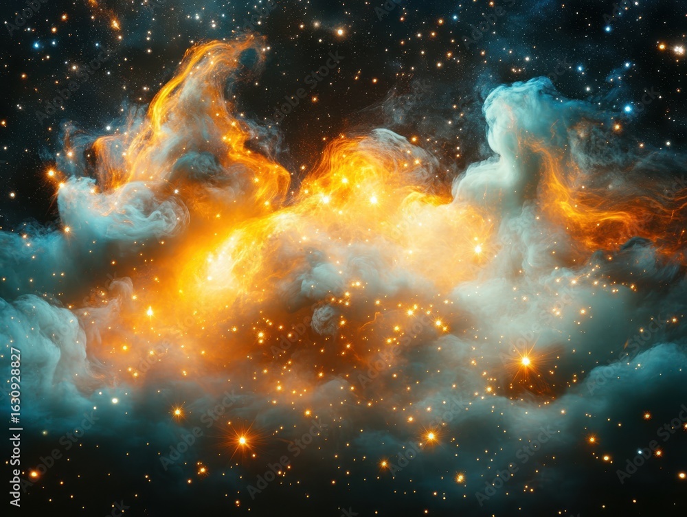 Poster A celestial canvas displaying vibrant nebula clouds and scattered stars in the vast expanse of space