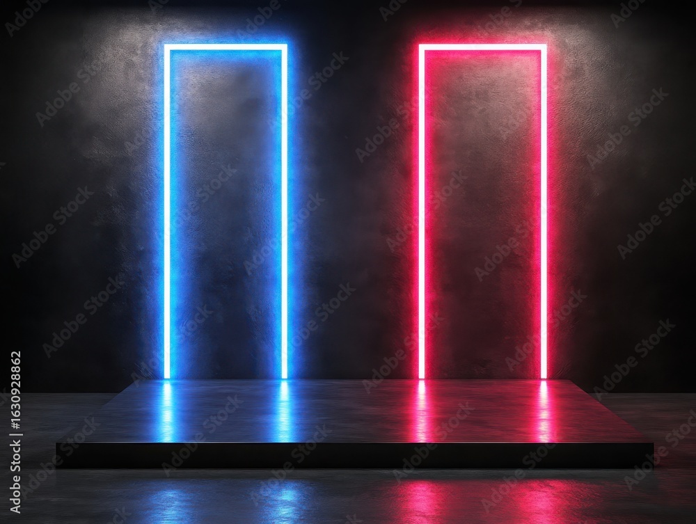 Poster two neon rectangles blue and red on a platform against a textured wall in a studio setting