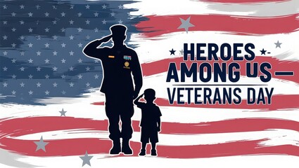 Silhouette of soldier and child saluting against american flag for veterans day celebration