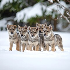 Fototapeta premium Five playful wolf pups in snowy forest