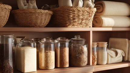 Fototapeta premium Pantry shelves with jars and baskets of grains, towels, and linens stored for organization and storage.