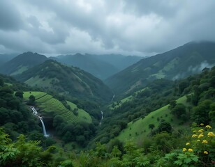 Naklejka premium Lush green valley with waterfall, mountains, and cloudy sky