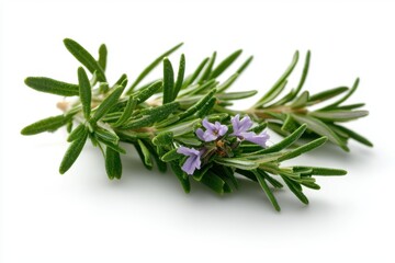 Fragrant rosemary bush with needle like leaves and delicate purple flowers, showcasing its vibrant green foliage and aromatic qualities. This herb is often used in cooking and gardening