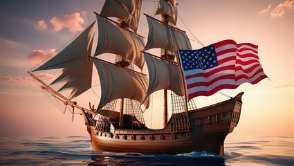 A wooden sailing ship with white sails and an american flag sailing on the ocean at sunset