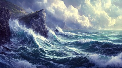 Dramatic Ocean Waves Crashing Against Rocky Cliffs Under Stormy Skies.