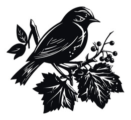 Obraz premium Elegant bird perched on branch with leaves and berries in engraving style