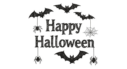 Happy Halloween lettering with bats and spiders, hand-drawn black and white vector doodle illustration, engraving or woodcut SVG, Halloween theme design