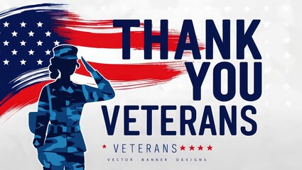 Obraz premium Thank you veterans banner with saluting soldier silhouette and american flag background design art