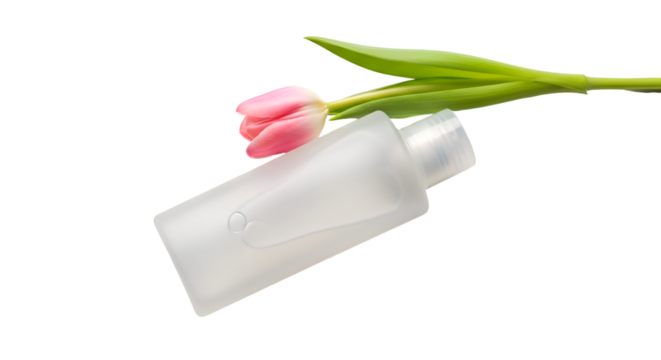 Pink Tulip Flower Rests on White Bottle Against Black Backdrop, Showcasing Elegance