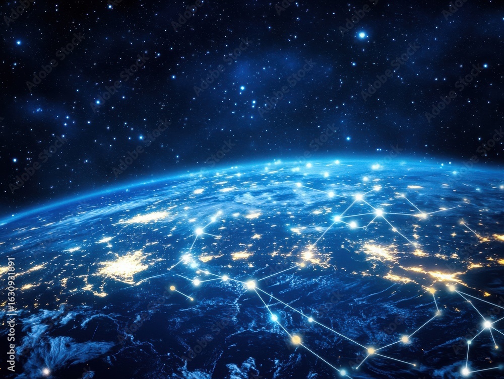 Poster view of earth from space with illuminated cities and network connections overlayed on the surface