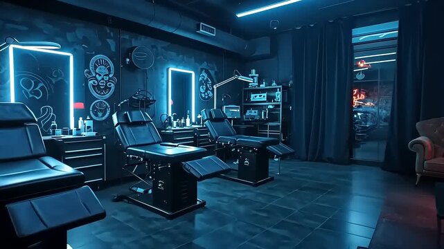 Modern tattoo studio interior with blue neon lighting, showcasing tattoo stations and decor