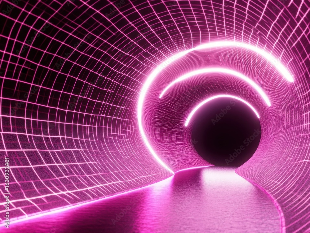 Aufkleber a glowing pink tunnel with grid pattern and a sphere at the end of the tunnel in the distance
