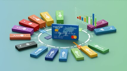 Colorful infographic illustrating financial transactions and data analysis in a modern digital context - Powered by Adobe
