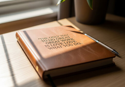 Leather journal with an inspirational quote about passion for great work on a sunlit desk - Powered by Adobe