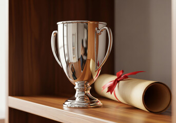 Silver trophy cup and diploma scroll on a wooden shelf representing success and achievement