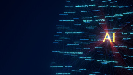 AI Application grid with Copy Space. real-world use cases like disease prediction, robotic surgery, and smart logistics. Abstract grid design with left-side copy space