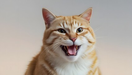Obraz premium Happy Cat Expression: A close-up portrait of a happy orange tabby cat, showcasing its expressive face and open mouth in a playful, joyful, and lighthearted moment. 