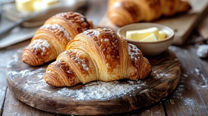 Close up of croissants dusted with powder sugar on a wooden board with butter in the background