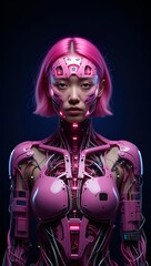 Pink cyborg woman staring ahead with intense focus, displaying intricate robotic details and form